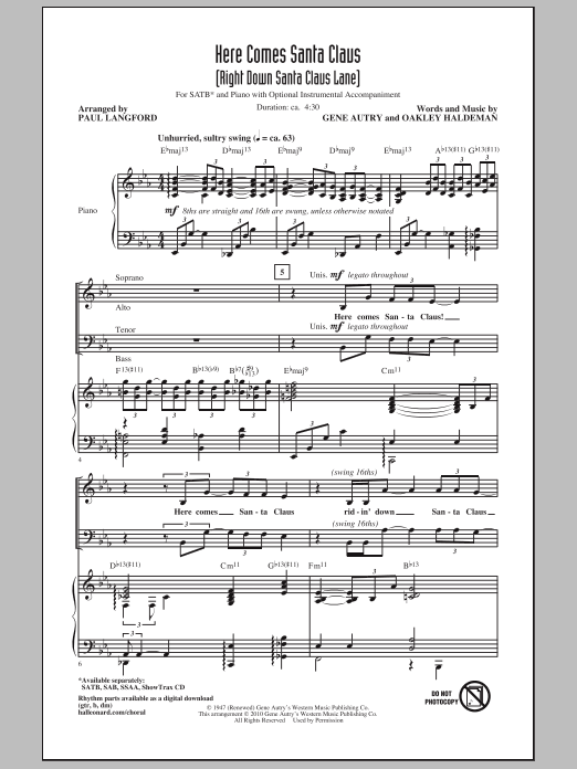 Here Comes Santa Claus (Right Down Santa Claus Lane) (SATB Choir) von Paul Langford