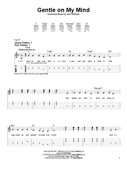 Gentle On My Mind (Easy Guitar Tab) von Glen Campbell