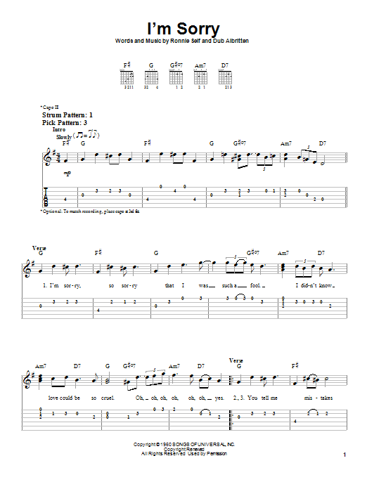 I'm Sorry (Easy Guitar Tab) von Brenda Lee