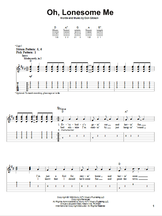 Oh, Lonesome Me (Easy Guitar Tab) von Don Gibson