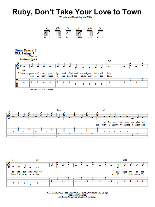 Ruby, Don't Take Your Love To Town (Easy Guitar Tab) von Kenny Rogers