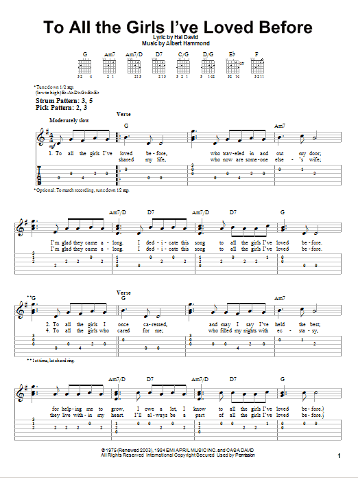 To All The Girls I've Loved Before (Easy Guitar Tab) von Julio Iglesias & Willie Nelson