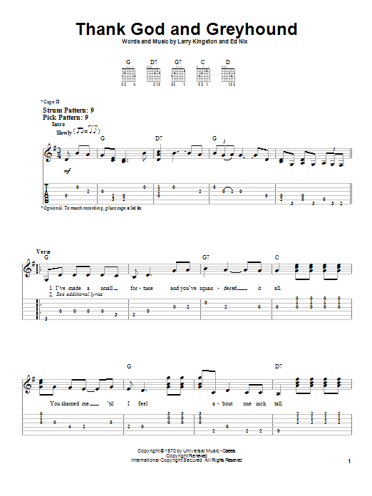 Thank God And Greyhound (Easy Guitar Tab) von Roy Clark