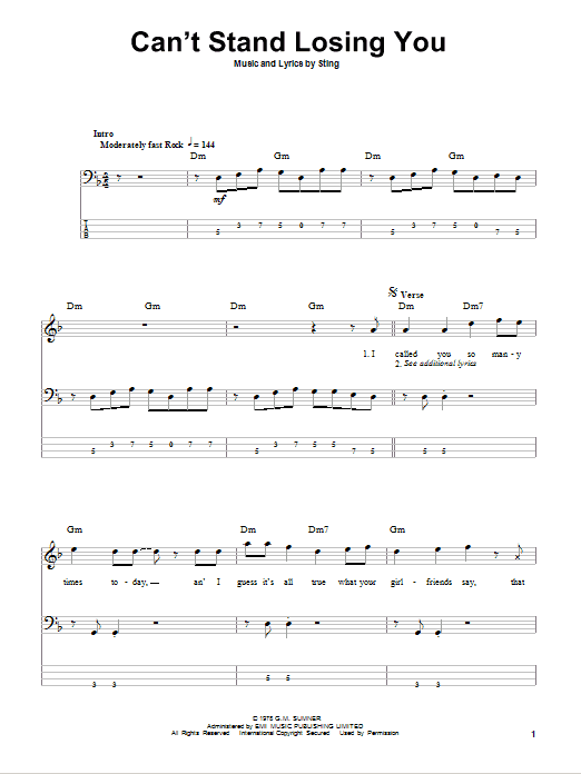 Can't Stand Losing You (Bass Guitar Tab) von The Police