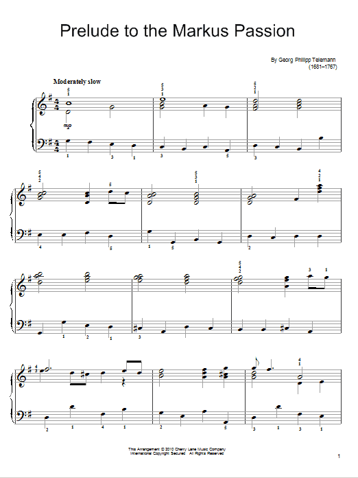 Prelude To The Markus Passion (Easy Piano) von Georg Philipp Telemann