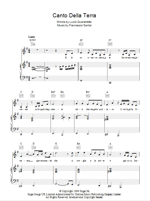 Canto Della Terra (Piano, Vocal & Guitar Chords) von Andrea Bocelli