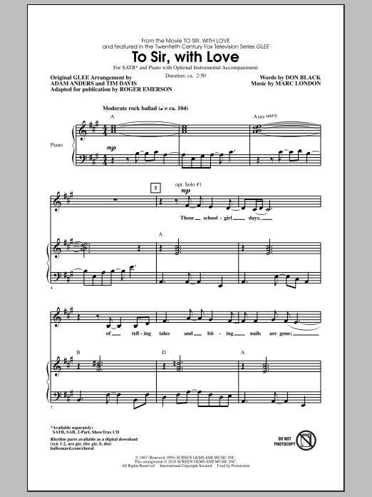 To Sir, With Love (SATB Choir) von Roger Emerson