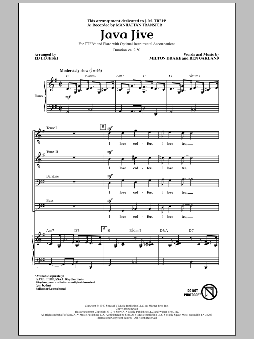 Java Jive (arr. Ed Lojeski) (TTBB Choir) von Manhattan Transfer