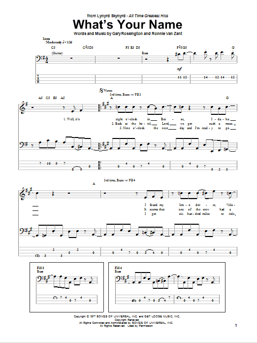 What's Your Name (Bass Guitar Tab) von Lynyrd Skynyrd