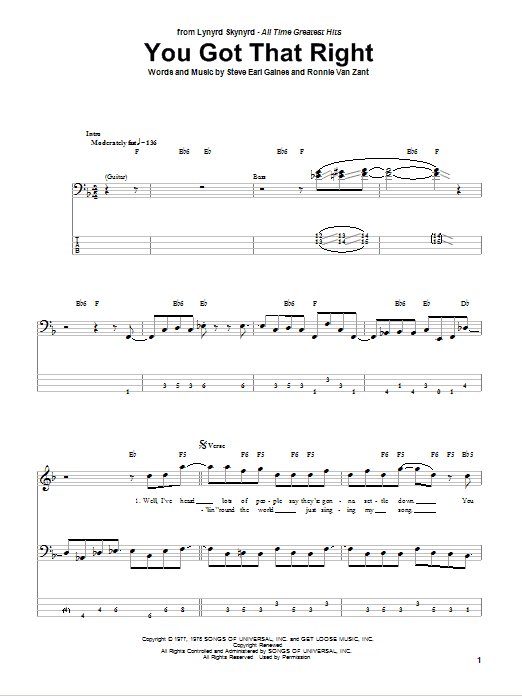 You Got That Right (Bass Guitar Tab) von Lynyrd Skynyrd