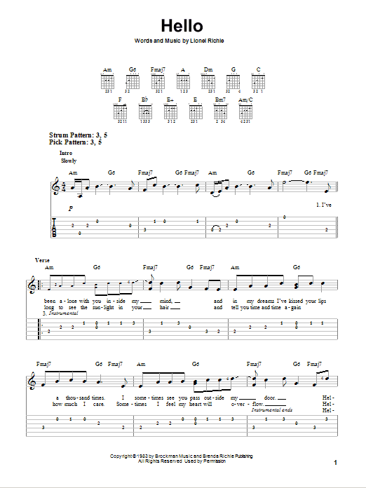 Hello (Easy Guitar Tab) von Lionel Richie