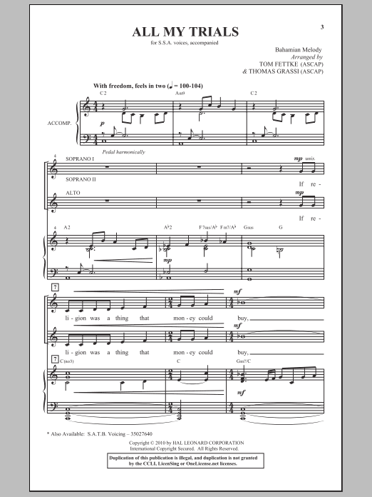 All My Trials (SSA Choir) von Tom Fettke