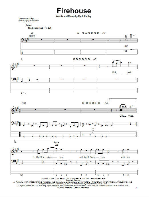 Firehouse (Bass Guitar Tab) von KISS