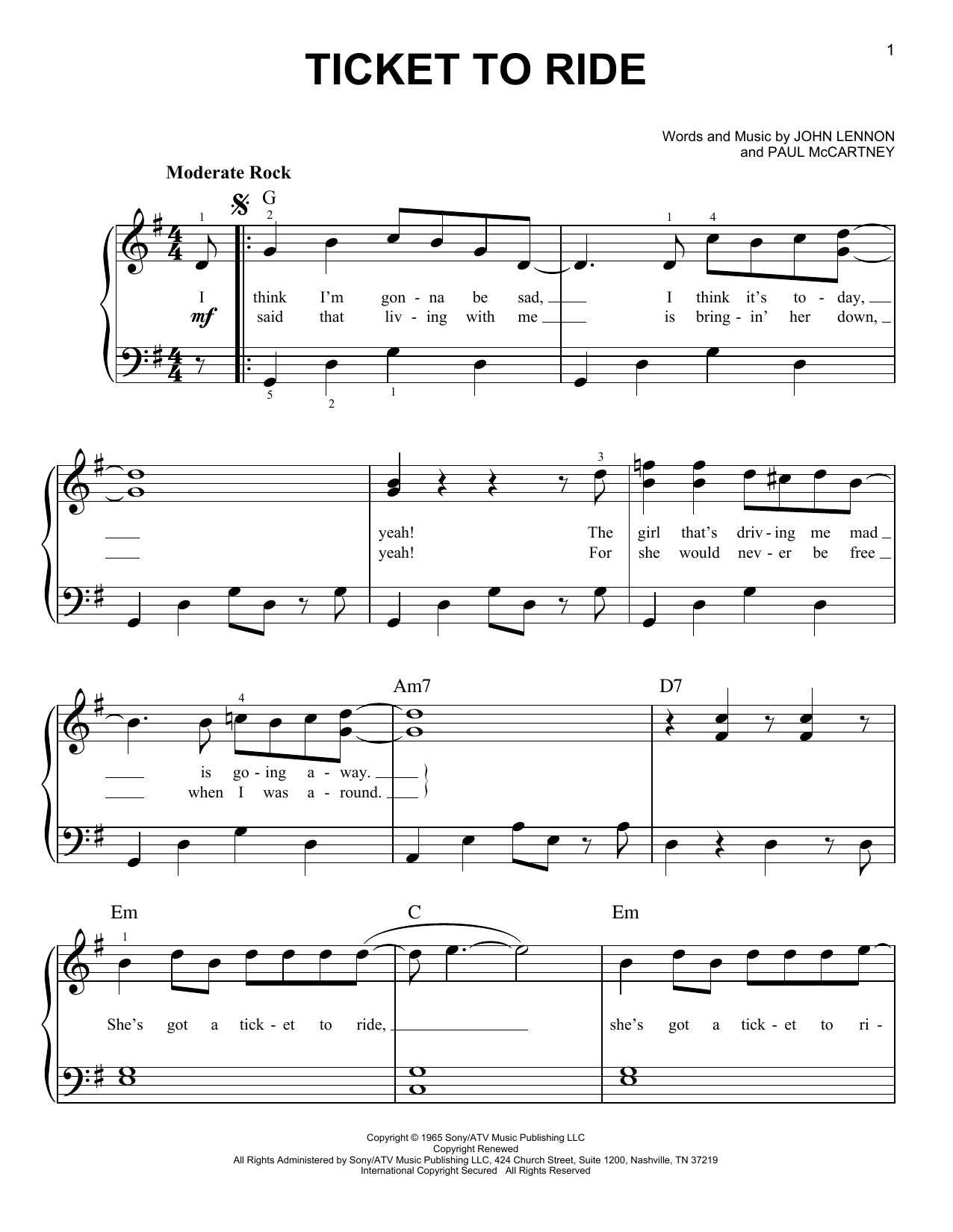 Ticket To Ride (Very Easy Piano) von The Beatles