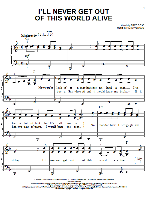 I'll Never Get Out Of This World Alive (Easy Piano) von Hank Williams