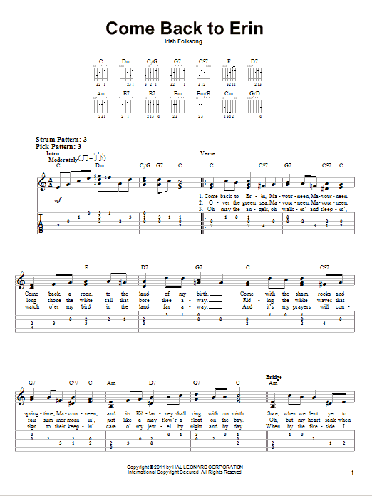 Come Back To Erin (Easy Guitar Tab) von Irish Folksong