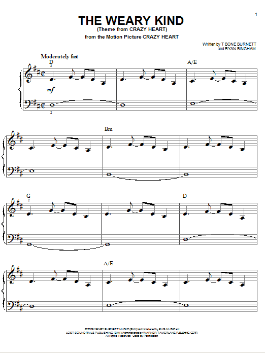 The Weary Kind (Easy Piano) von Ryan Bingham