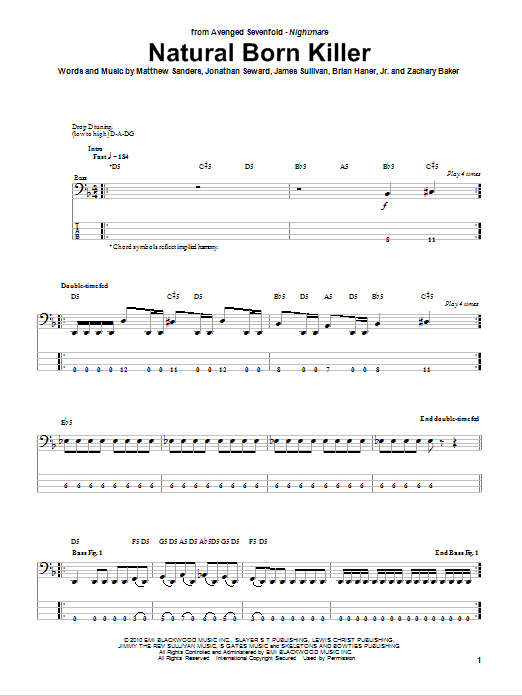 Natural Born Killer (Bass Guitar Tab) von Avenged Sevenfold