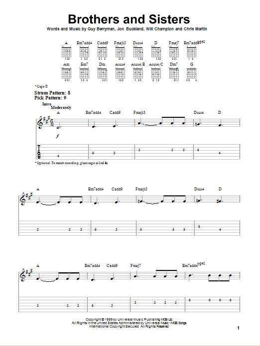 Brothers And Sisters (Easy Guitar Tab) von Coldplay