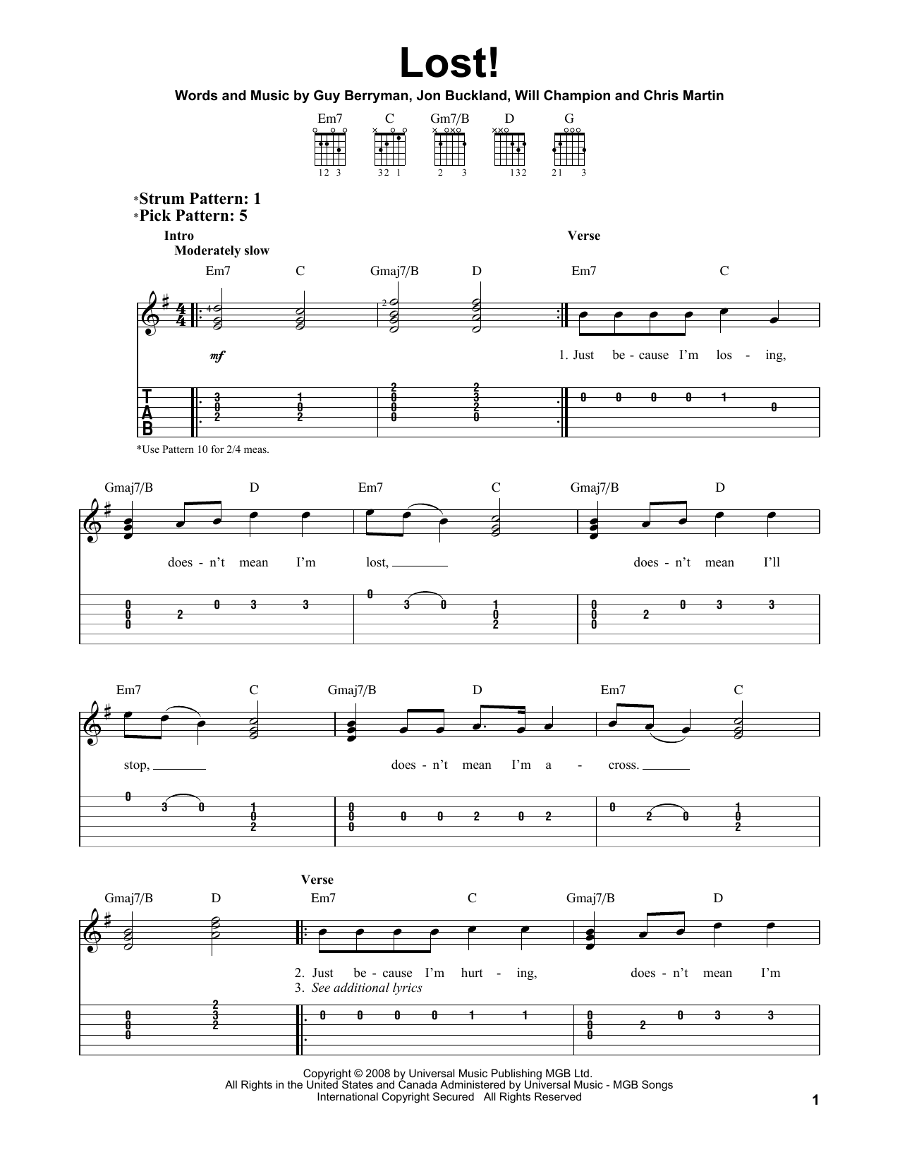 Lost! (Easy Guitar Tab) von Coldplay