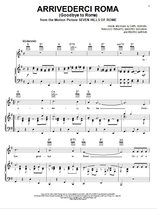 Arrivederci Roma (Goodbye To Rome) (Piano, Vocal & Guitar Chords (Right-Hand Melody)) von Mario Lanza