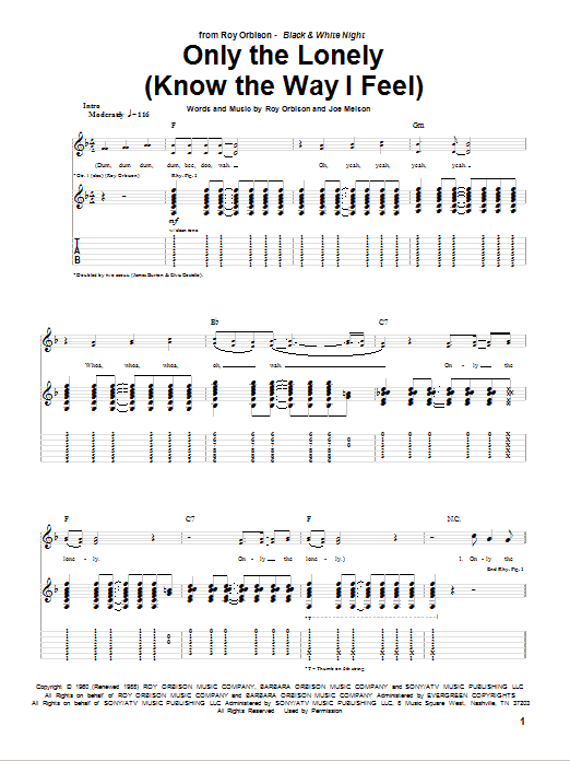 Only The Lonely (Know The Way I Feel) (Guitar Tab) von Roy Orbison