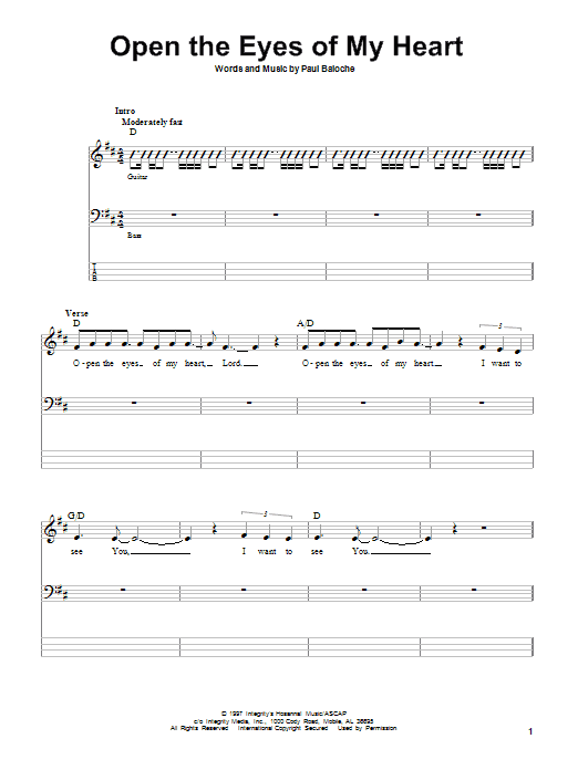 Open The Eyes Of My Heart (Bass Guitar Tab) von Paul Baloche