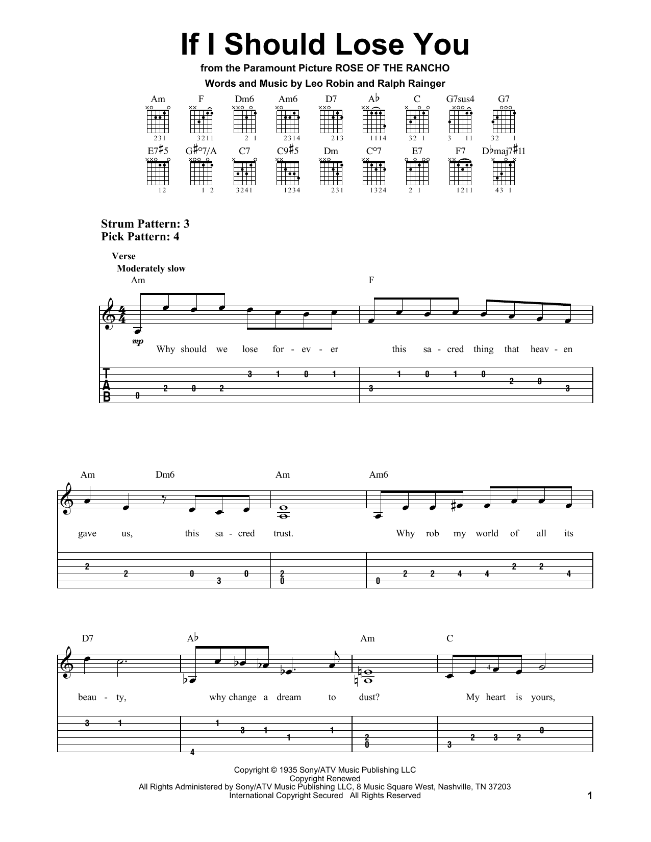 If I Should Lose You (Easy Guitar Tab) von Ralph Rainger