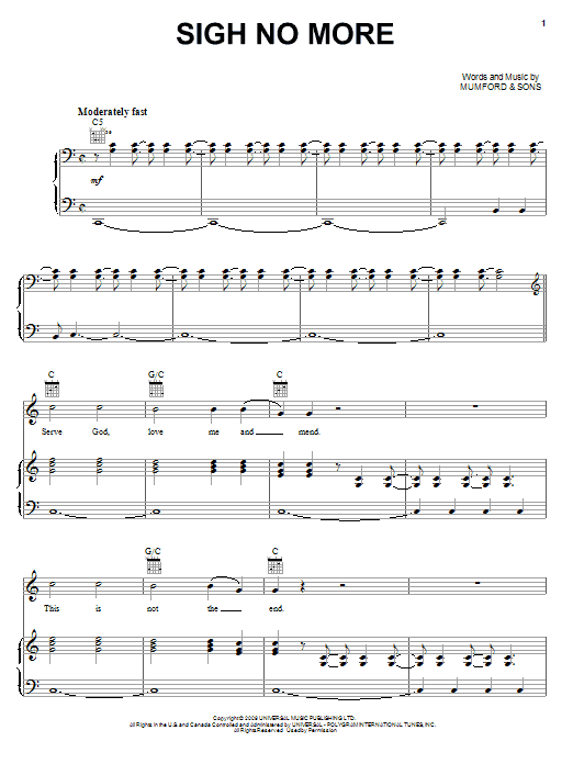 Sigh No More (Piano, Vocal & Guitar Chords (Right-Hand Melody)) von Mumford & Sons