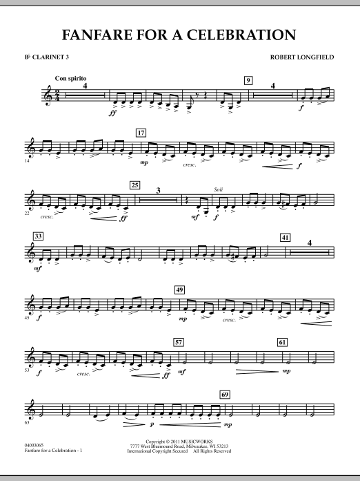 Fanfare For A Celebration - Bb Clarinet 3 (Concert Band) von Robert Longfield