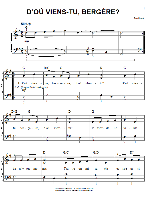 D'ou Viens-Tu, Beregere? (Easy Piano) von Traditional