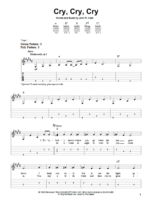 Cry, Cry, Cry (Easy Guitar Tab) von Johnny Cash