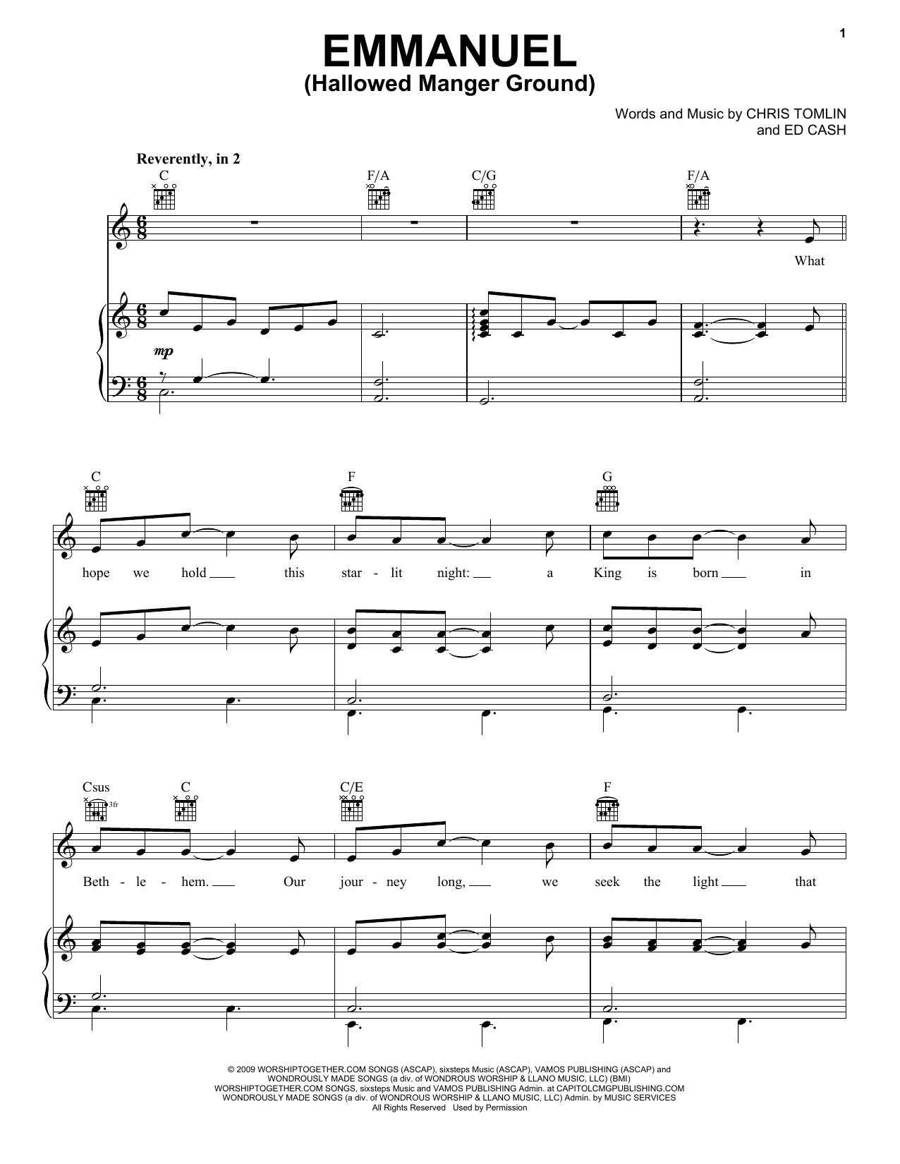 Emmanuel (Hallowed Manger Ground) (Piano, Vocal & Guitar Chords (Right-Hand Melody)) von Chris Tomlin