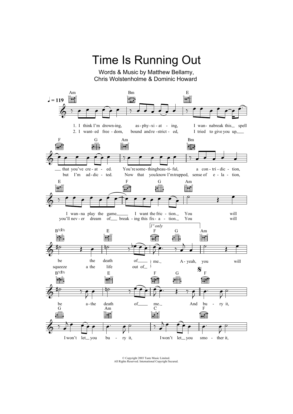Time Is Running Out (Lead Sheet / Fake Book) von Muse
