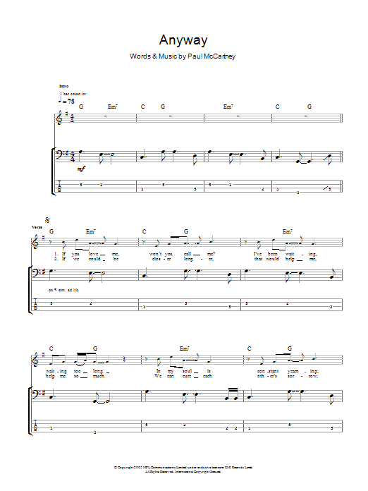 Anyway (Bass Guitar Tab) von Paul McCartney
