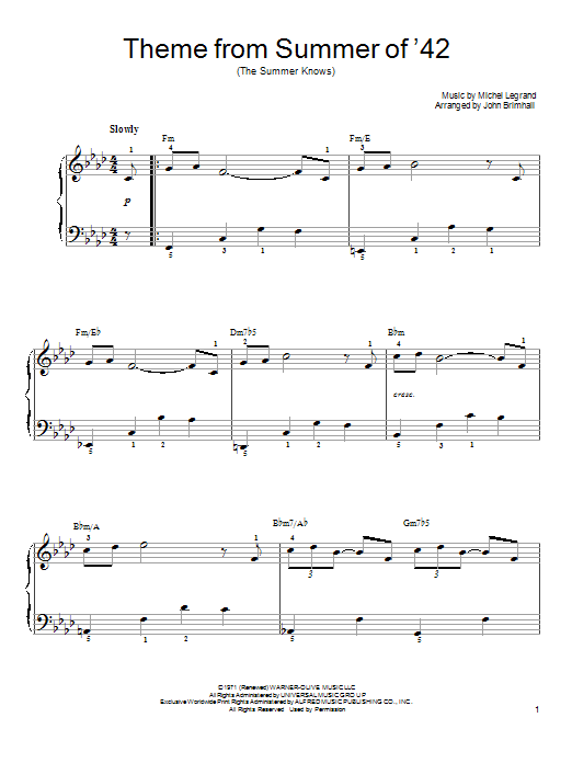 Theme From Summer Of '42 (The Summer Knows) (Easy Piano) von Michel Legrand