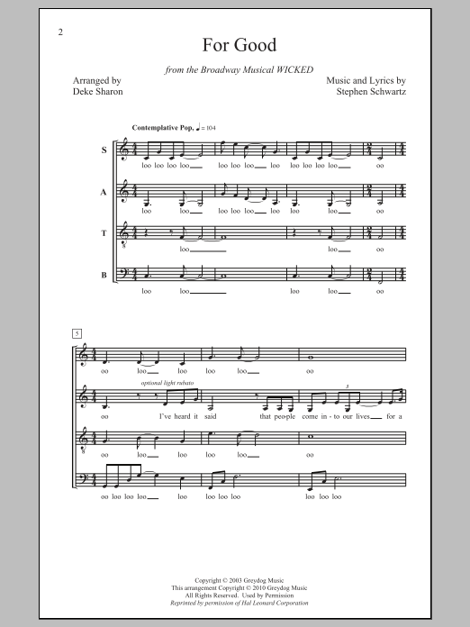 For Good (from Wicked) (arr. Deke Sharon) (SATB Choir) von Stephen Schwartz