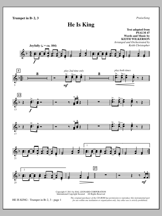 He Is King - Bb Trumpet 2,3 (Choir Instrumental Pak) von Keith Wilkerson