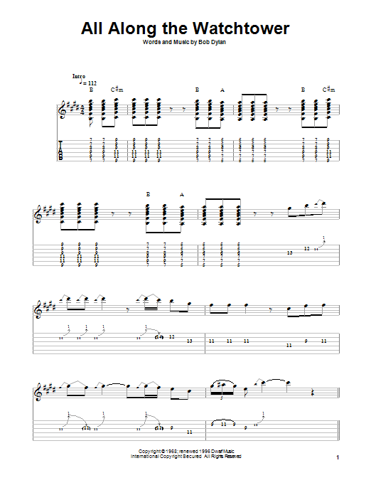 All Along The Watchtower (Easy Guitar Tab) von Jimi Hendrix