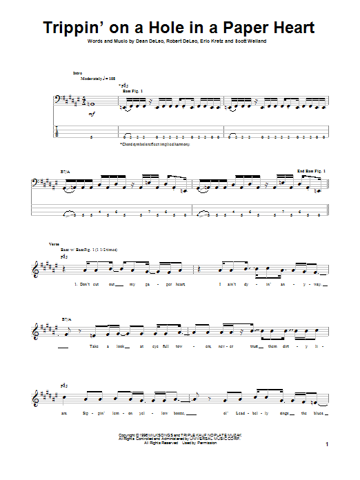 Trippin' On A Hole In A Paper Heart (Bass Guitar Tab) von Stone Temple Pilots