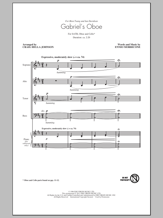 Gabriel's Oboe (from The Mission) (arr. Craig Hella Johnson) (SATB Choir) von Ennio Morricone