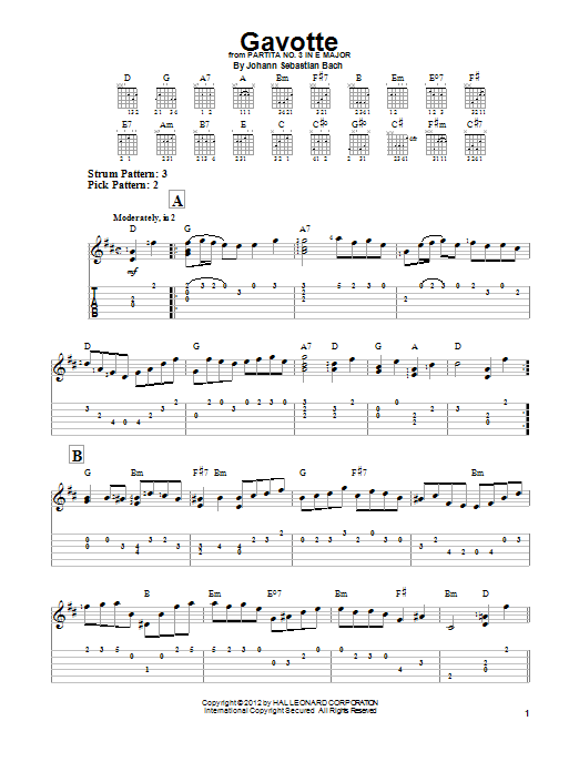 Gavotte (Easy Guitar Tab) von Johann Sebastian Bach