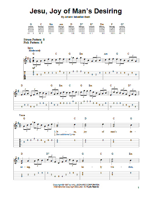 Jesu, Joy Of Man's Desiring (Easy Guitar Tab) von Johann Sebastian Bach