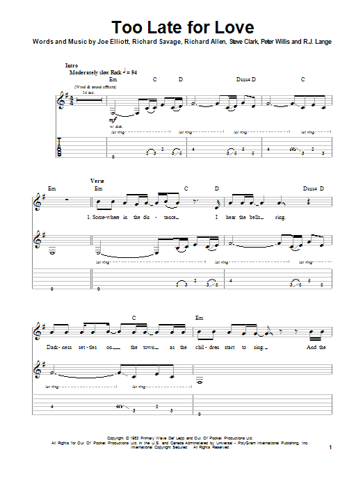 Too Late For Love (Guitar Tab (Single Guitar)) von Def Leppard