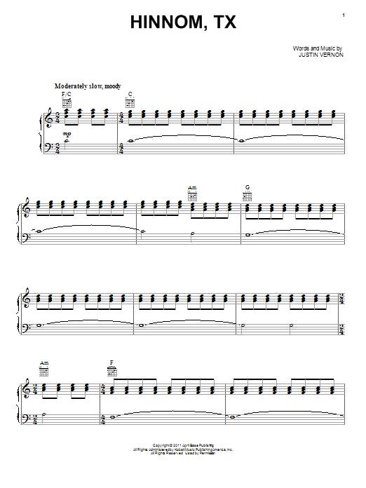 Hinnom, TX (Piano, Vocal & Guitar Chords (Right-Hand Melody)) von Bon Iver