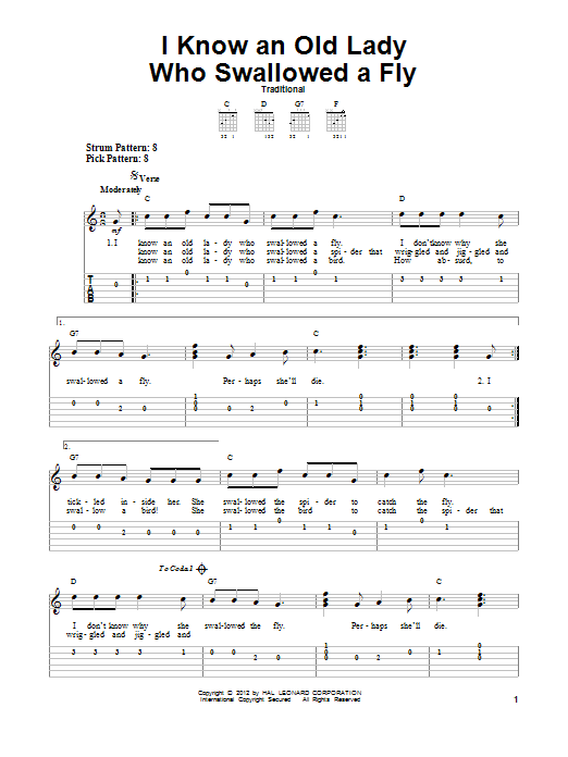 I Know An Old Lady Who Swallowed A Fly (Easy Guitar Tab) von Traditional