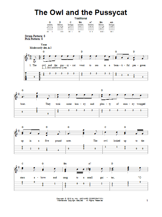 The Owl And The Pussycat (Easy Guitar Tab) von Traditional