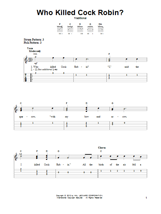 Who Killed Cock Robin? (Easy Guitar Tab) von Traditional