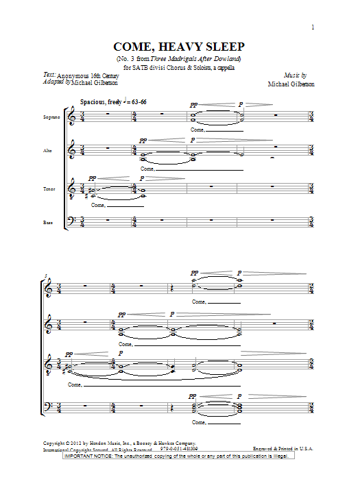 Come, Heavy Sleep (SATB Choir) von Michael Gilbertson