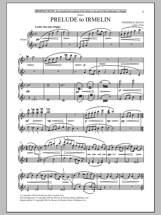 Prelude To Irmelin (Piano Duet) von Frederick Delius